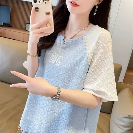 设计感小众v领短袖t恤女2024新款夏季韩版宽松大码女装撞色上衣服商品大图