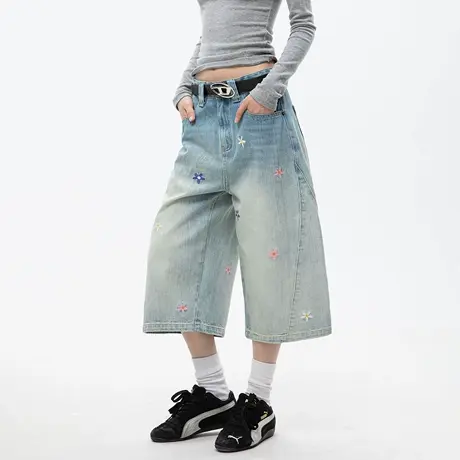 复古水洗牛仔阔腿七分裤女2025夏季新款彩色花朵刺绣休闲宽松中裤商品大图