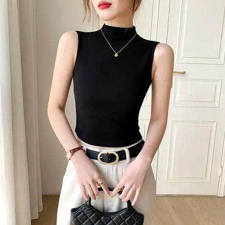 黑色罗纹半高领无袖露脐背心2025春夏季新款修身百搭简约纯色上衣图片