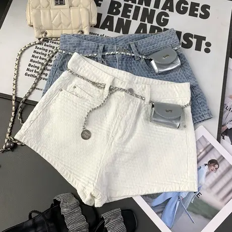 洋气设计感菱格字母刺绣高腰牛仔短裤女小众显瘦包臀阔腿a字热裤商品大图