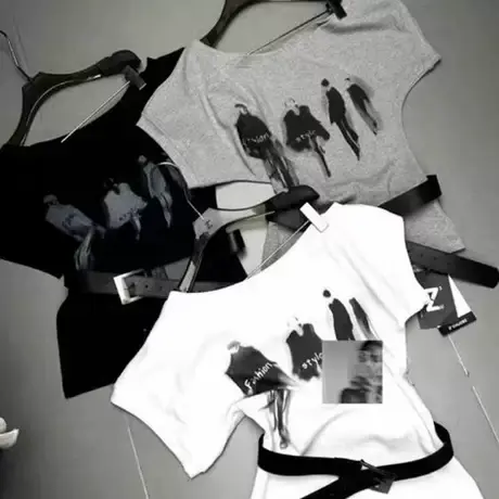 韩国东大门夏季新款美式时髦印花斜领露肩短袖T恤女显瘦百搭上衣商品大图