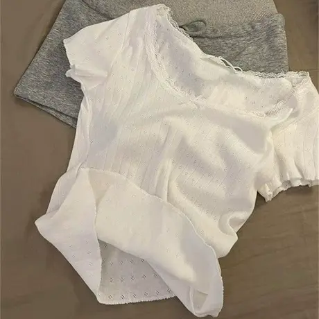 白色纯欲性感蕾丝花边短袖T恤女夏季韩版修身chic甜辣半袖上衣潮商品大图
