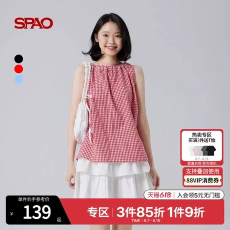 SPAO韩国同款2025年夏季新品女士简约休闲舒适格子宽松无袖雪纺衫商品大图