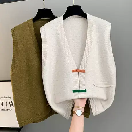 马甲女背心外套秋季坎肩2025新款针织毛衣开衫宽松民族风马夹外搭商品大图