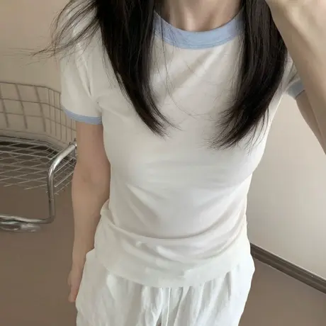 ins超火撞色圆领正肩短袖T恤女夏季2025新款修身韩版打底衫上衣潮图片