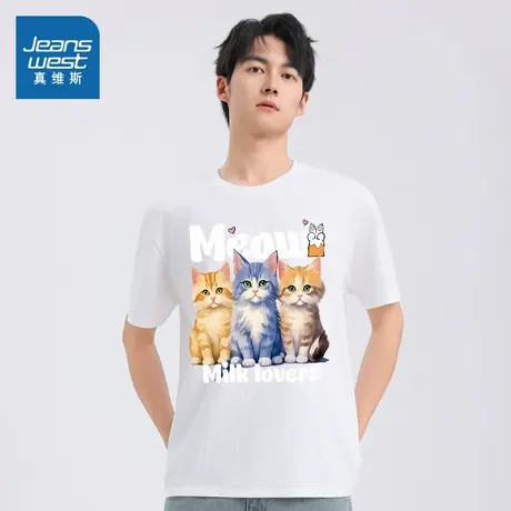TM真维斯男装圆领套头上衣2025夏季新款潮流小猫印花宽松纯棉T恤商品大图
