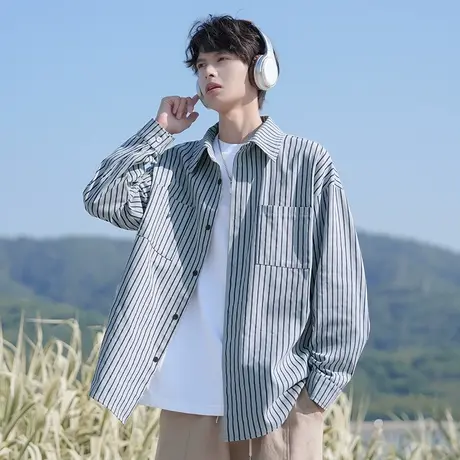 回力日系条纹长袖衬衫男春秋季2025新款外套男生休闲美式翻领衬衣商品大图