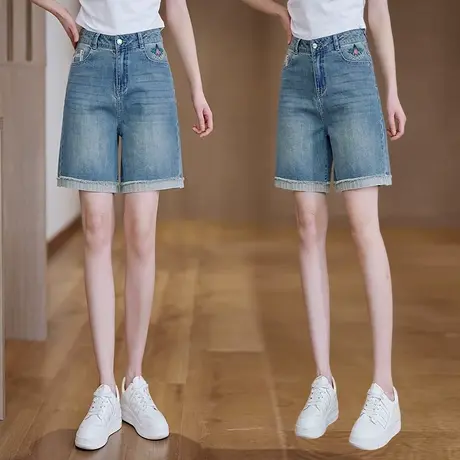 刺绣牛仔五分短裤女夏季薄款显瘦直筒裤高腰毛边时尚休闲阔腿裤商品大图