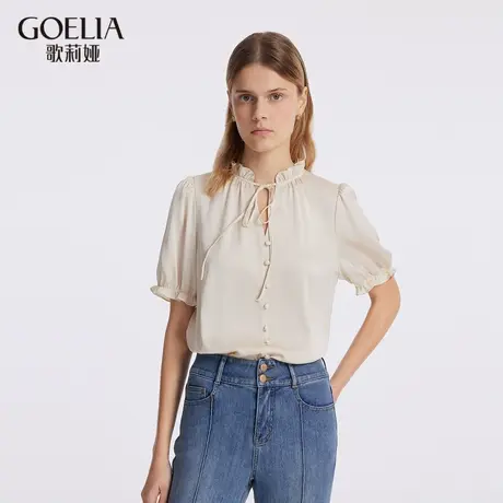 歌莉娅真丝荷叶领梭织衫女衬衣2024新款夏季短袖T恤上衣1C4L3B010商品大图