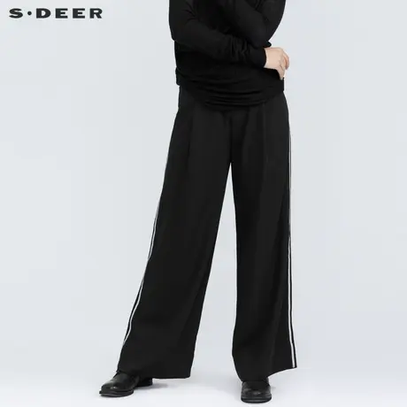 sdeer圣迪奥春秋女装运动休闲简约撞色黑色垂坠阔腿长裤S21160804图片