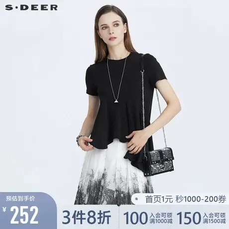 sdeer圣迪奥女夏装圆领拼接不规则黑色短袖T恤S21280144图片