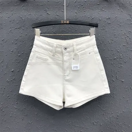 韩系风阔腿裤女2025春夏新款米白色简约气质高腰显瘦休闲牛仔短裤商品大图