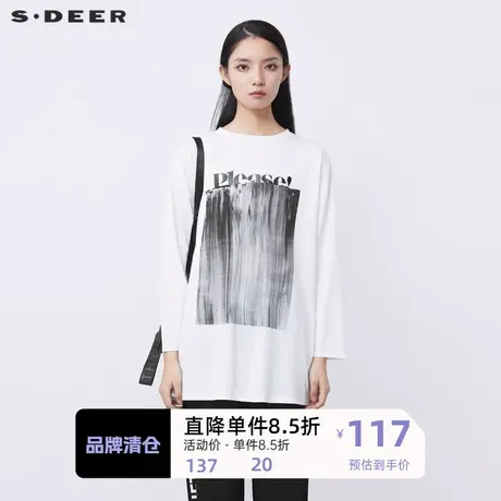 sdeer圣迪奥女装时尚圆领字母印花长款白色T恤S21480214图片