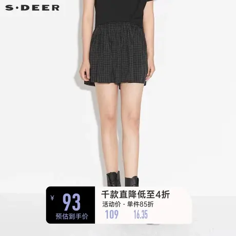 sdeer圣迪奥女装夏季时尚松紧撞色格纹休闲黑色高腰短裤S21280920图片