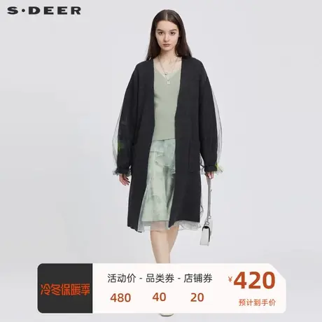 sdeer圣迪奥女装网纱拼接印花长款开衫针织衫S224Z3533图片