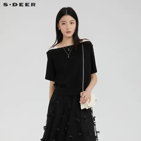 sdeer圣迪奥女装方领撞色拼接宽松针织衫S232Z3510图片