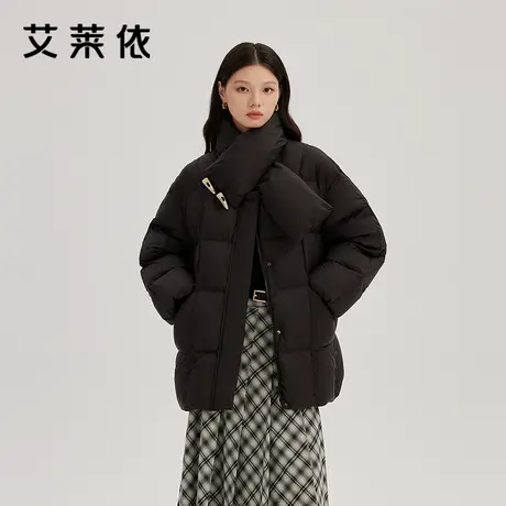 艾莱依女士羽绒服冬季新款围巾领温暖防风牛角扣质感鸭绒百搭外套图片