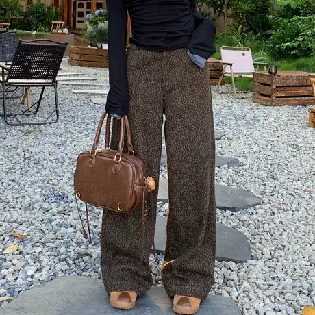 尔给秋季阔腿豹纹裤女设计感高腰直筒时尚宽松百搭复古休闲拖地裤商品大图