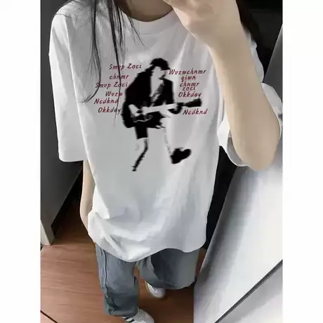 重磅纯棉美式复古白色短袖t恤女2025夏季新款宽松ins潮牌高街上衣图片