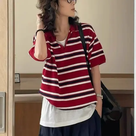 日系条纹针织polo衫正肩短袖t恤女夏季高级感超好看独特漂亮上衣图片