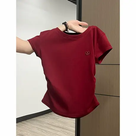 红色圆领绝美短袖T恤女夏季正肩褶皱收腰显瘦小众设计感独特上衣商品大图