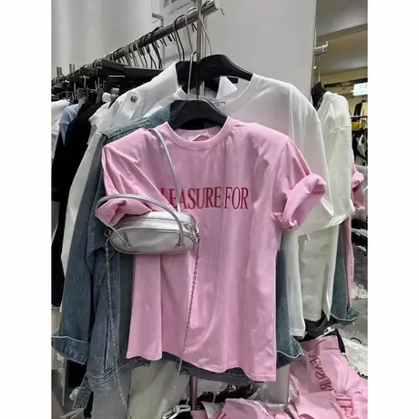 韩国东大门夏季新款宽松显瘦百搭圆领字母印花短袖T恤垫肩上衣女商品大图