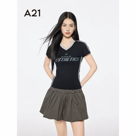 A21女装印花字母撞色V领T袖2025夏季新款韩版修身上衣F452231034图片