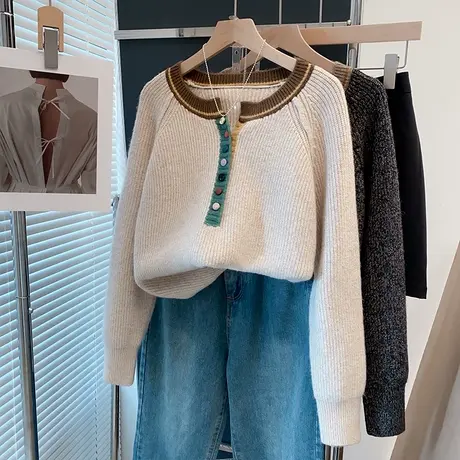 花纱开襟圆领毛衣女加厚打底衫2025春秋冬新款外穿针织衫内搭上衣商品大图