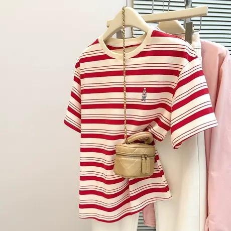 复古撞色条纹短袖T恤女2025夏季新款宽松韩版百搭刺绣半袖上衣潮商品大图