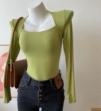 法式纯欲复古方领芭蕾式t恤女修身显瘦假两件上衣大领口打底衫秋商品大图