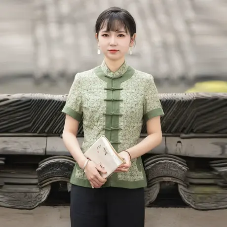 筠雅改良唐装上衣女夏季短袖棉麻新款年轻中式盘扣居士服茶服图片