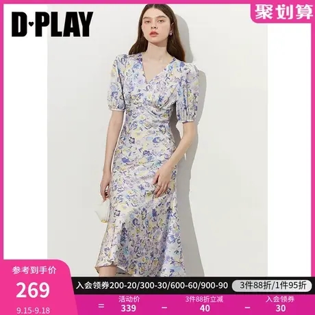 DPLAY2023夏新新中式紫调花卉V领纽结垂感缎面国风度假印花裙商品大图