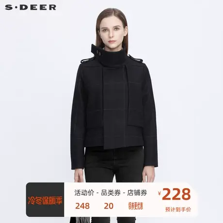 sdeer圣迪奥中性女装立领撞色格纹拼接毛呢短外套秋S20482221🧚商品大图