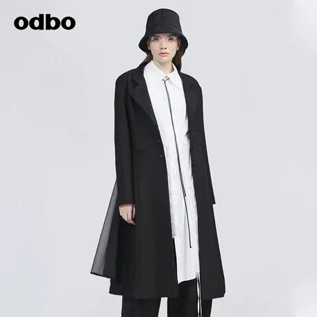 odbo/欧迪比欧时尚气质黑色长款西装外套女收腰显瘦百搭风衣外套商品大图