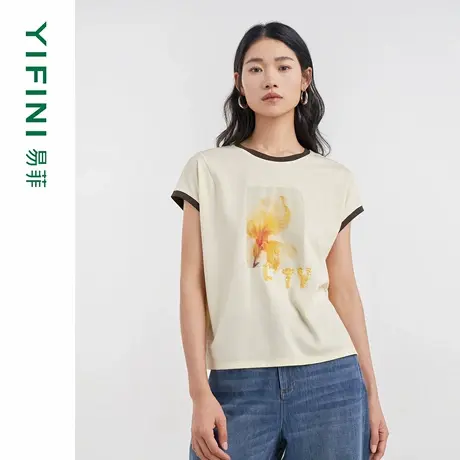 [专柜同款]Yifini/易菲印花珠片撞色撞边圆领宽松短款百搭T恤女新商品大图
