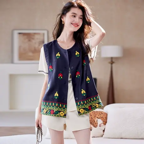 宝诗黎圆领刺绣亚麻马夹外套2025夏季时尚洋气文艺气质百搭马甲女图片