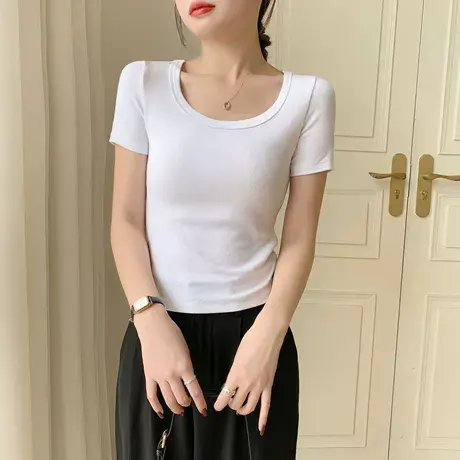 白色圆领短袖T恤女春夏季新款罗纹纯色紧身正肩时尚百搭修身上衣商品大图