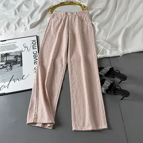 韩系脏粉色皮牌窄版牛仔裤女2025春夏新款宽松显瘦显高直筒长裤子商品大图