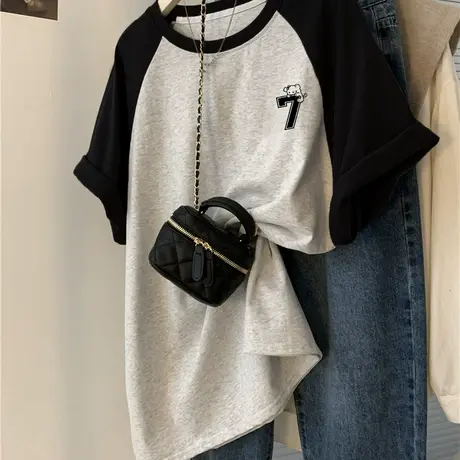 oversize大码插肩袖T恤夏季可爱卡通撞色宽松短袖胖mm上衣女ins潮商品大图