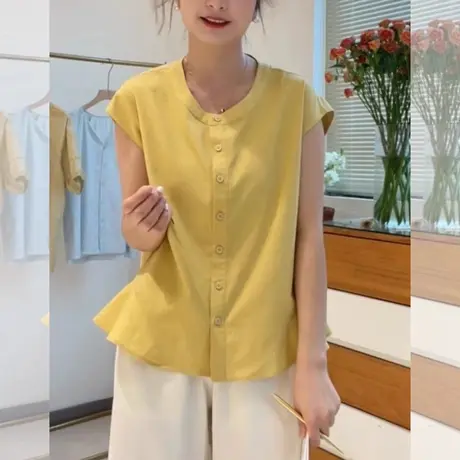 高级纯色荷叶边小飞袖衬衫女夏季2025新款时尚独特别致短袖小上衣商品大图