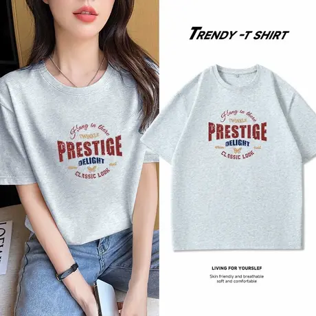 KMV真维斯灰色纯棉女短袖t恤夏季2025新款宽松落肩高级感圆领上衣商品大图