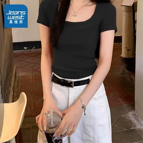 KMV真维斯u领黑色短袖t恤女士2025新款夏季短款紧身正肩半袖上衣图片