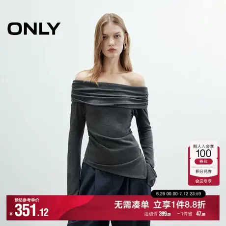 ONLY2025夏季新款优雅一字肩褶皱不规则底摆上衣长袖纯色T恤女图片