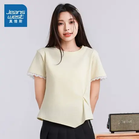 G8真维斯女装2025夏季新款纯色花边不规则设计感下摆女装短袖T恤商品大图