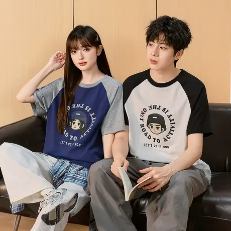 唐狮夏季新款情侣短袖T恤撞色拼接圆领上衣男女休闲内搭打底图片