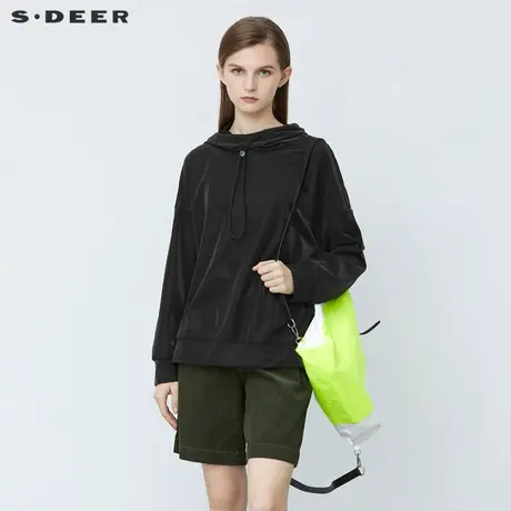 sdeer圣迪奥抽绳连帽落肩袖宽松黑色卫衣外套女S21362203图片