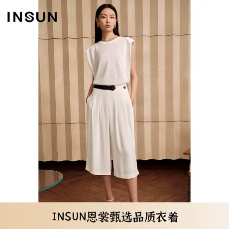 INSUN恩裳夏季醋酸轻薄量感打褶腰间撞色休闲裤商品大图