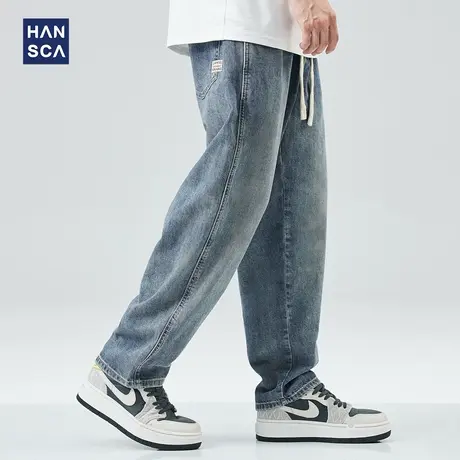 hansca美式高街直筒牛仔裤男春季复古怀旧水洗宽松大码阔腿长裤子商品大图