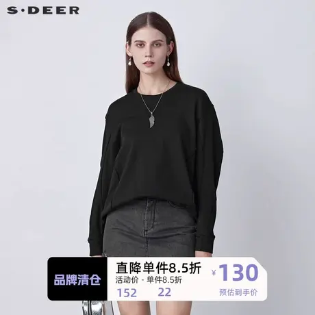 sdeer圣迪奥女装休闲圆领拼接黑色长袖T恤S22160205🥞商品大图