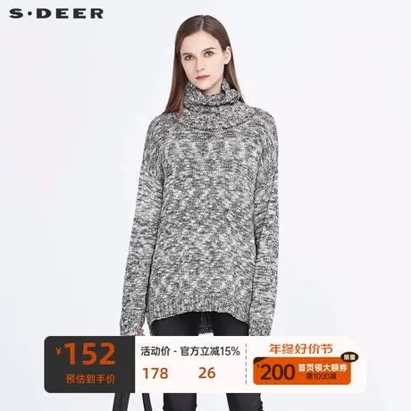 sdeer圣迪奥新款慵懒休闲高领撞色提花开衩宽松毛衣S20463529图片